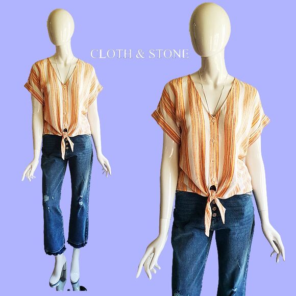 CLOTH & STONE NEW Linen Stripe V-Neck Tie Cuff Sleeve Crop Top M - Picture 1 of 12